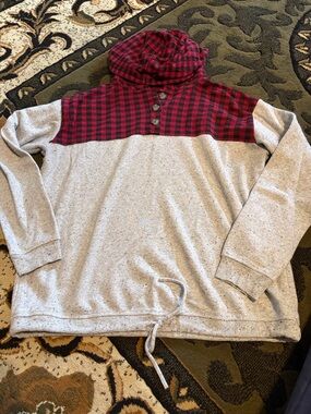 Maurices Red Plaid Yoke Hoodie with Light Gray Body